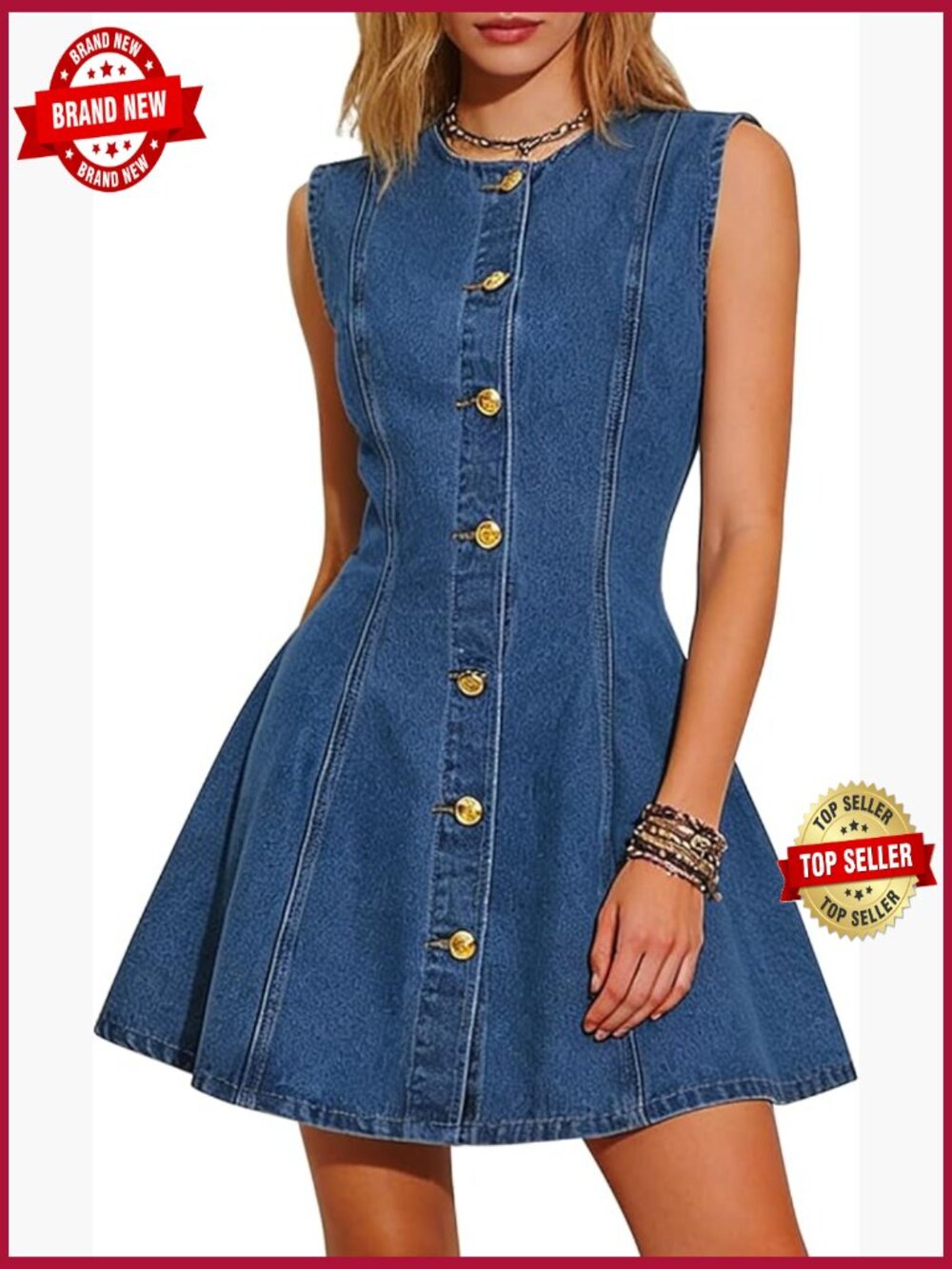 Denim Jean Dress Sleeveless Button Down Mini A-Line Tank Dresses for Women